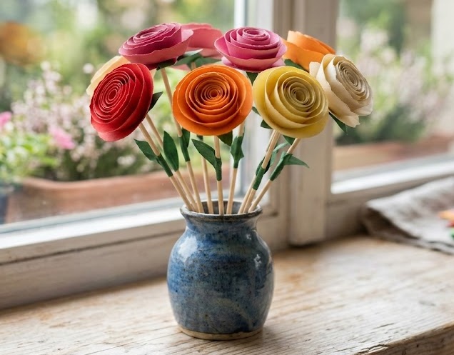 Jarní dekorace z papíru - růže ve váze