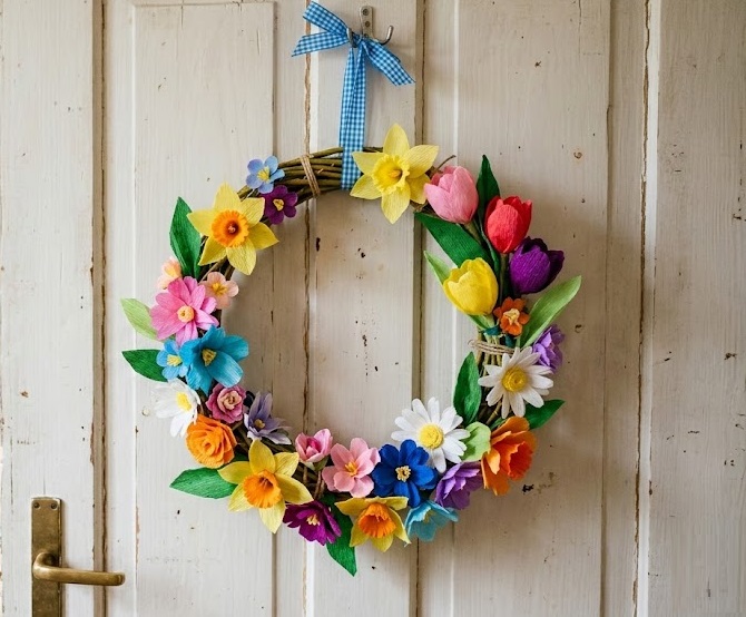 Jarní věnec z krepového papíru