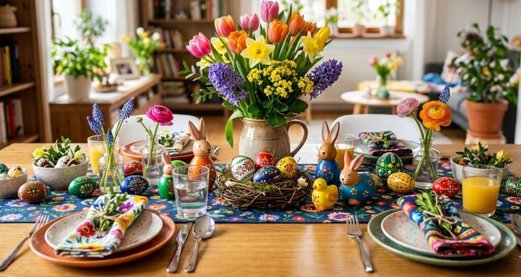 Tradiční barevná velikonoční výzdoba na stole